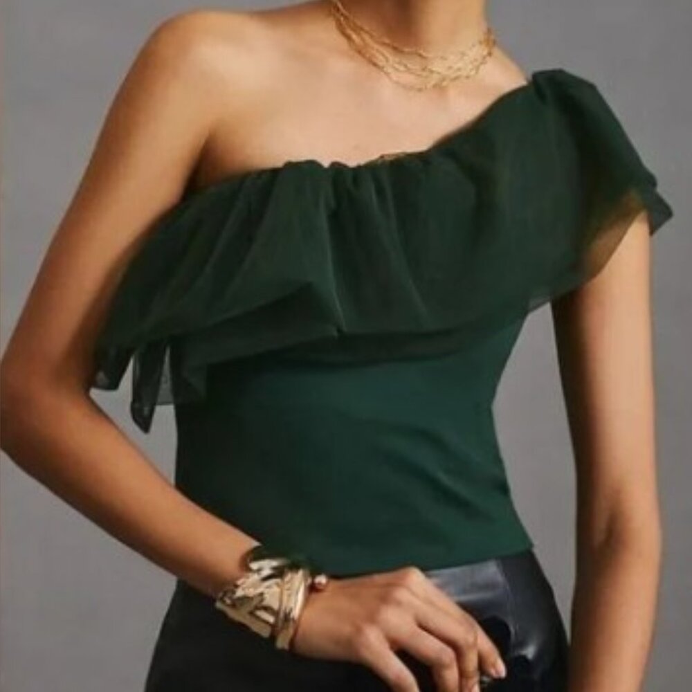 Anthropologie Sunday in Brooklyn Ruffle Tulle One-Shoulder Top in Green